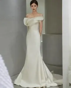 前撮り ウエディングドレス マーメイド オフショルダー 二次会 xs s