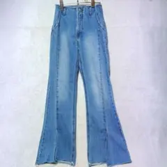 ページボーイ フレア デニム パンツ カットオフ ハイウエスト ブルーデニム Sのサムネイル