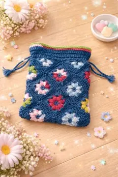 【手編み】お花モチーフ巾着♡ 北欧風 ブルー 小物入れ ポーチ ハンドメイド