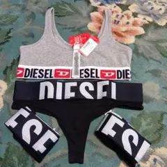 DIESEL グレー スポーツブラ1枚 ＆ブラックロゴウエストパンティ3枚セット