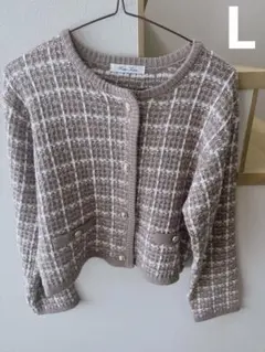 ブラウン　チェック柄ニットカーディガン