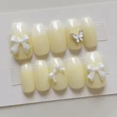 N152 ネイルチップ フレンチガーリー シンプル イエロー 春 グラデ リボン