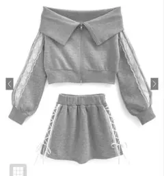 レースブルゾン×ミニスカートスウェットセットアップ[pm565]