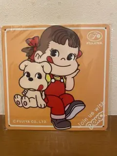 【処分】ペコちゃん 黄色 四角 ブリキ看板 レトロ看板☆ 新品 アンティーク