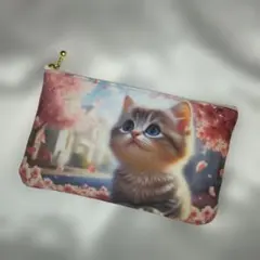 【特価】ポーチ　ハンドメイド子猫イラストフラットポーチ　桜柄　両面パネル生地