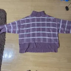 パープル チェック柄 ハイネックセーター