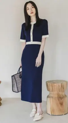 アンデミュウ ハイショクＩラインニットワンピース ネイビー