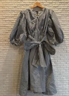 snidel タフタボリュームスリーブワンピース ギンガムチェックロング丈