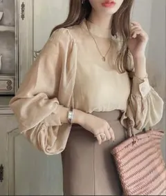 バルーンスリーブハイネック楊柳シアー素材ブラウス