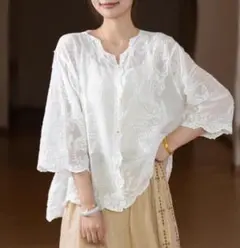 刺繍 シャツ ブラウス レースカーディガン レディース ショート丈 薄手 白