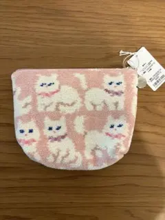 モフモフネコチャン　舟形ポーチM ペールピンク