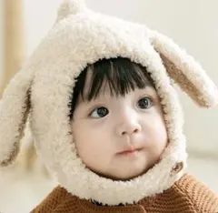 犬耳付きベビー帽子 ベージュ