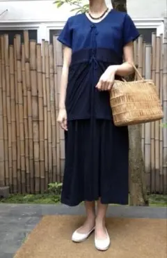 美品✨近年45R 45rpm 藍 インドネルチェック　ドレス ワンピース 70950303d1.jpg