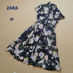 【希少】ZARA　ロングワンピース　鶴　オリエンタル柄　ネイビー　丈補整あり
