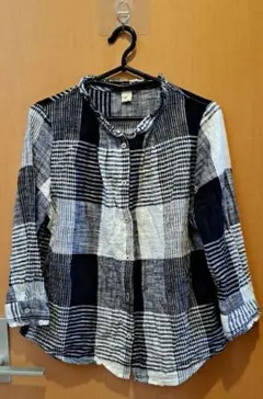 しまむら　ネイビーとホワイトのストライプ五分袖シャツ