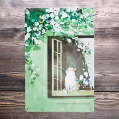 窓辺の猫のブリキ看板 20㎝×30㎝　まどろむ猫　爽やか　猫　新品