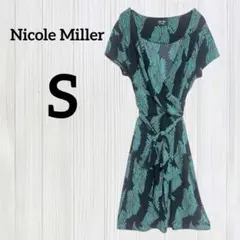 美品✨Nicole Miller【S】カシュクールワンピース 幾何学リーフ柄