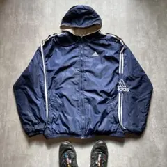 アディダス　adidas フード付きナイロンジャケット ネイビー　ゆるだぼ　紺