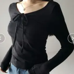 ミームセレクト　３way　クロスストラップリボンギャザーカットソートップス　黒