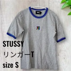 【美品✨】STUSSY リンガーT ワンポイント刺繍 グレー×ブルー