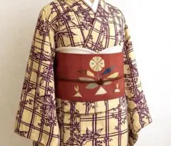 正絹　縮緬　小紋　薄柿色に濃紫色　格子に蝶と花模様