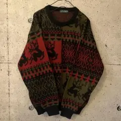 【美品】ヴィンテージ風 /トナカイ柄 /ノルディックセーター カーキ×レッド L