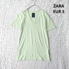 【ザラ】ZARA UネックTシャツ 半袖カットソー　コットン　薄黄緑　EUR S