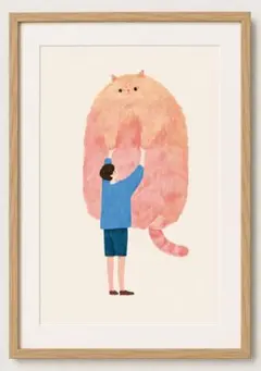 ＜巨大なオレンジ猫を持ち上げる少年＞ 現代アート