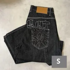 刺繍 バギーデニム ワイド 黒 ジーンズ 韓国 ストリート グランジ 極太