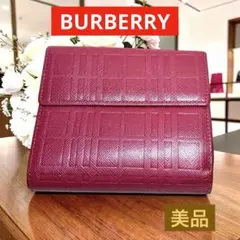 美品 BURBERRY バーバリー チェック 二つ折り財布 レザー 赤 レッド
