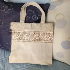 ファー付き　トートバック　インド刺繍リボン