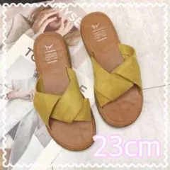 ◎シンプルかわいい 新品 リボン サンダル フラット ぺたんこ 黄 23