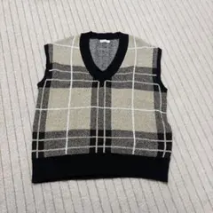 チェック柄ニットベスト Vネック フリーサイズ