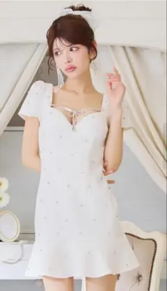 JEWELS ビジューリボンマーメイドミニドレス ホワイト Mサイズ