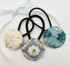 SALE♡三点セット　38mmインド刺繍リボン☆くるみボタンヘアゴム NO.12