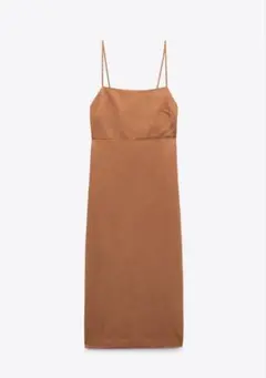 ZARA リネンブレンドミディワンピース　キャミソールロングワンピース オレンジ