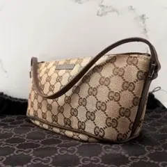 ✨超美品✨グッチ　アクセサリーポーチ　GGキャンバス×レザー　ブラウン