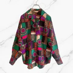 日本製総柄デザインシャツブラウスマルチカラー幾何学模様レトロヴィンテージ古着