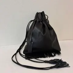 【美品】マルコマージ フリンジ 巾着バッグ 斜めがけ 黒 レザー イタリア製