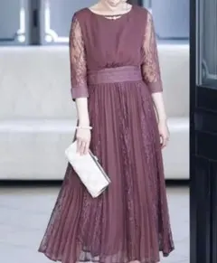 PourVous ロングワンピ　シアーカフスレース&プリーツ　ドレス Sサイズ