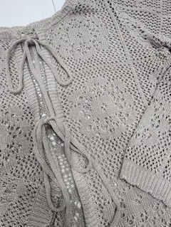 透かし編み ベージュカーディガン　Lサイズ　レースニット