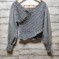 カシュクール風ゴムシャーリングブラウス 黒×白ギンガムチェック　Mサイズ
