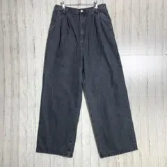 タック入り ワイドレッグ デニム パンツ ジーンズ グレー系