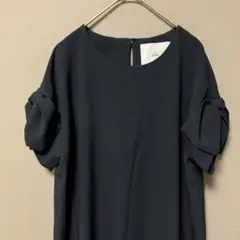 ティアラ　袖リボン膝丈ワンピース(M)シンプルネイビー無地　サラサラプルオーバーのサムネイル