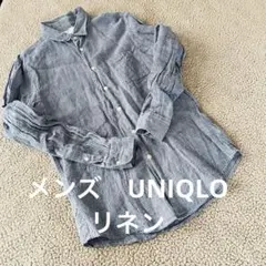美品メンズリネン100★ユニクロ ★長袖チェックシャツ【L】青白ナチュラルボタン
