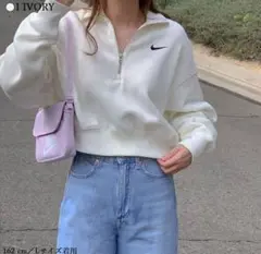 L 新品 ナイキ スウェット オーバーサイズ ハーフジップ クロップド 白 短丈