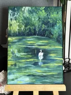 「夏の水鳥」　手描き　油絵　風景画　原画　肉筆　油彩画　印象派