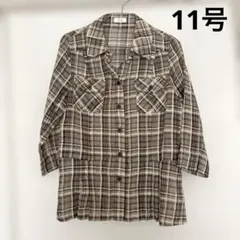 新品未着用【七分袖シャツ】ブラウン チェック柄 11号 チュニック 透け感あり