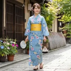 【レトロ可愛い】水色 花柄 浴衣 ＆ 黄色 作り帯 セット 昭和レトロ 夏祭り