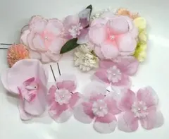 洋花ピンク基調髪飾り６点セット、ウェディング、成人式前撮り